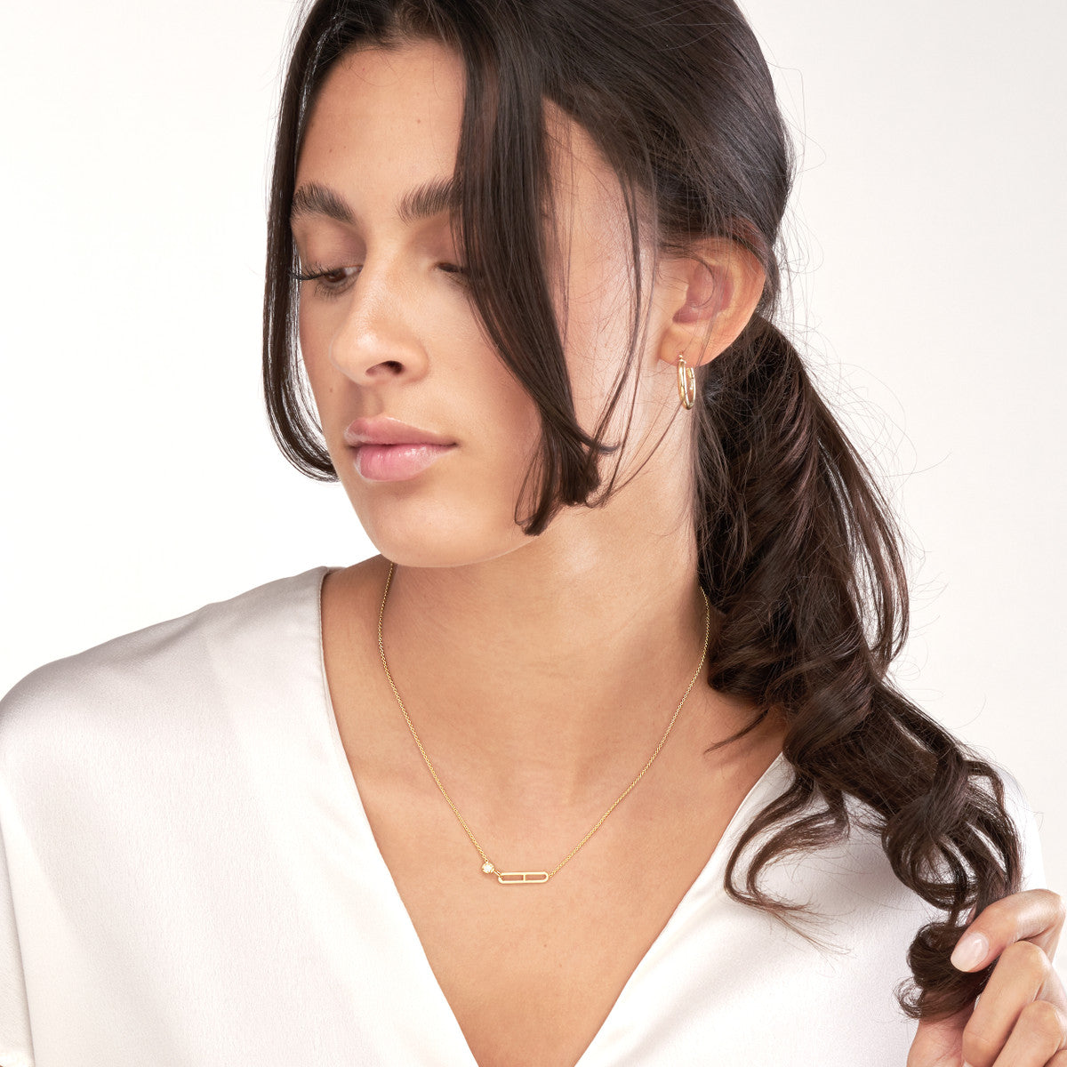 14K Gold Diamond Paperclip Necklace Diamond Solitaire Paper Clip Element Necklac