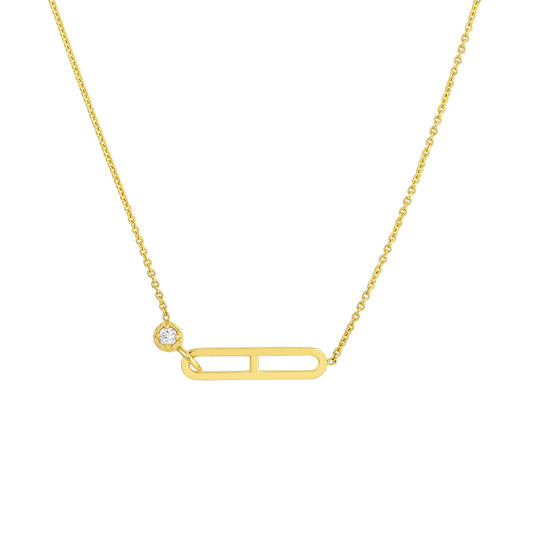 14K Gold Diamond Paperclip Necklace Diamond Solitaire Paper Clip Element Necklac