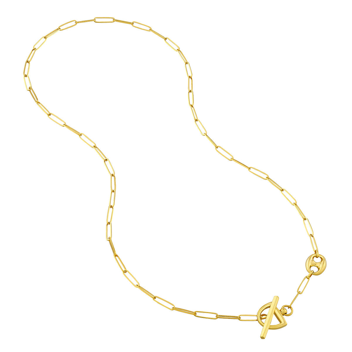 14K Gold Paperclip Chain Necklace Paper Clip Puff Mariner Toggle Necklace