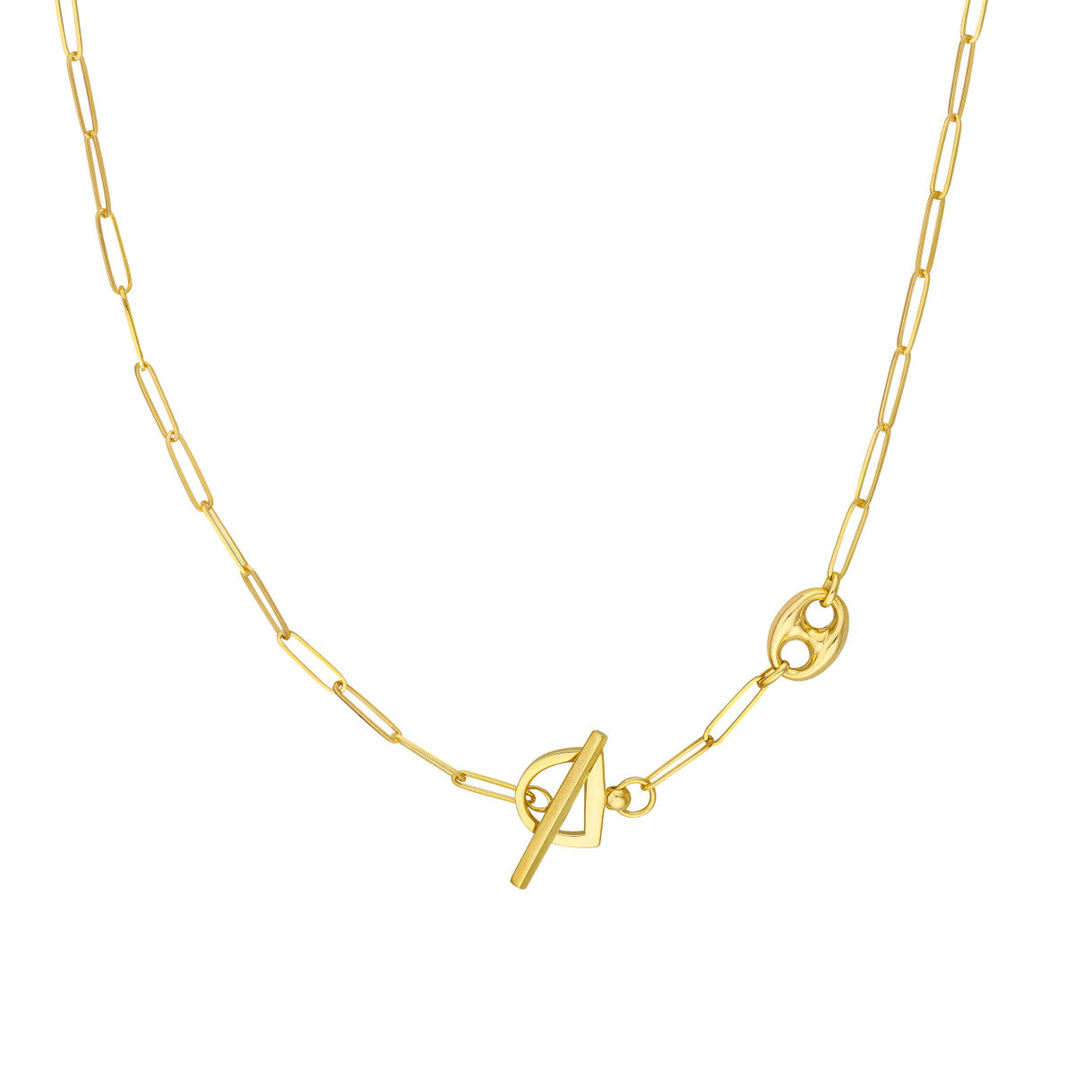 14K Gold Paperclip Chain Necklace Paper Clip Puff Mariner Toggle Necklace