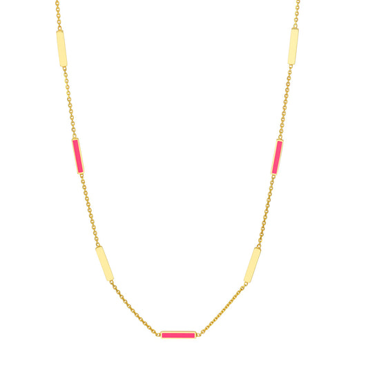 14K Gold Chain Adjustable Necklace Neon Pink Enamel Alternating Bar Necklace
