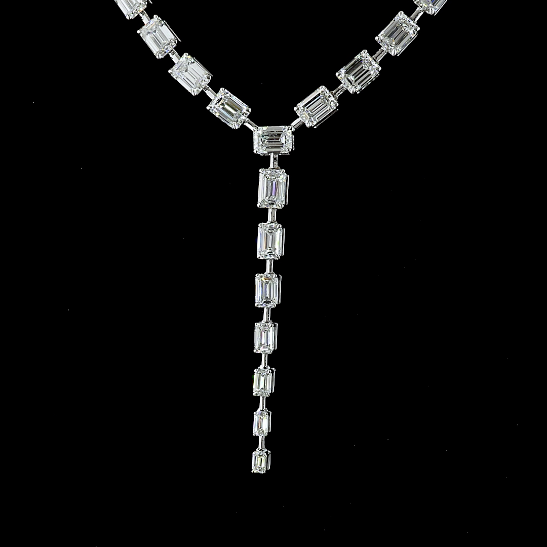 25.03 CT Emerald Lab Grown Diamond Lariat Necklace in 14K White Gold – close-up — Laura Milman New York