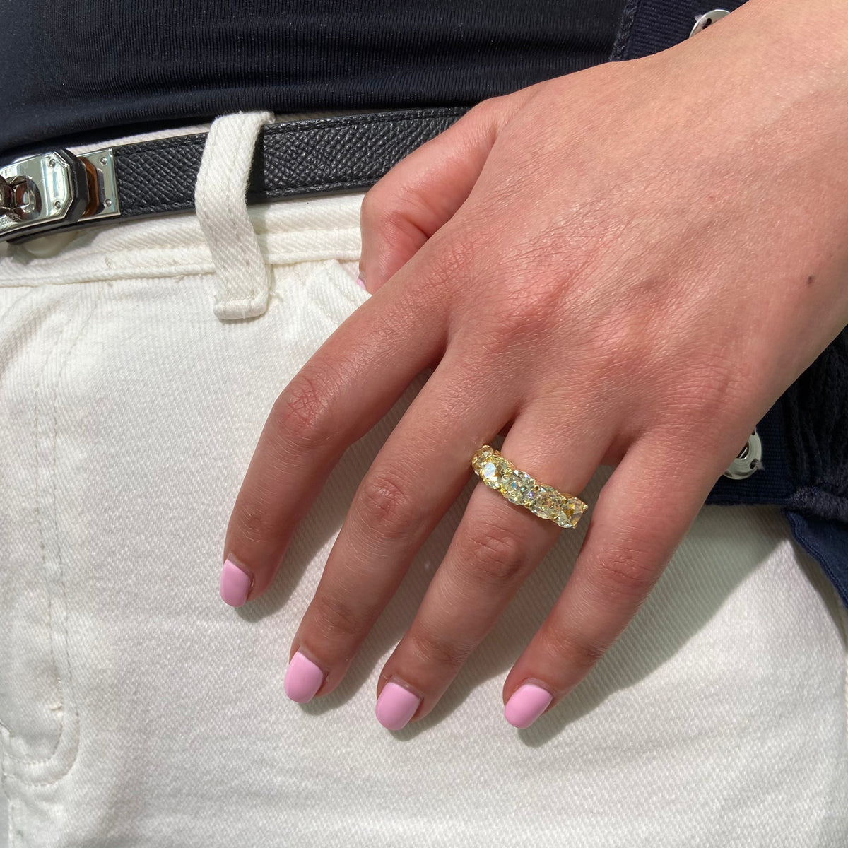 5ctw Fancy Light Yellow Antique Cushion Diamond Half Eternity Band — view 2 — Laura Milman New York