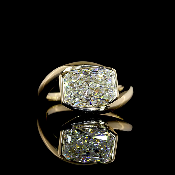 Lab-Grown Radiant Diamond Solitaire Ring — Half Bezel, East West — 3.19 ct 14K YELLOW GOLD