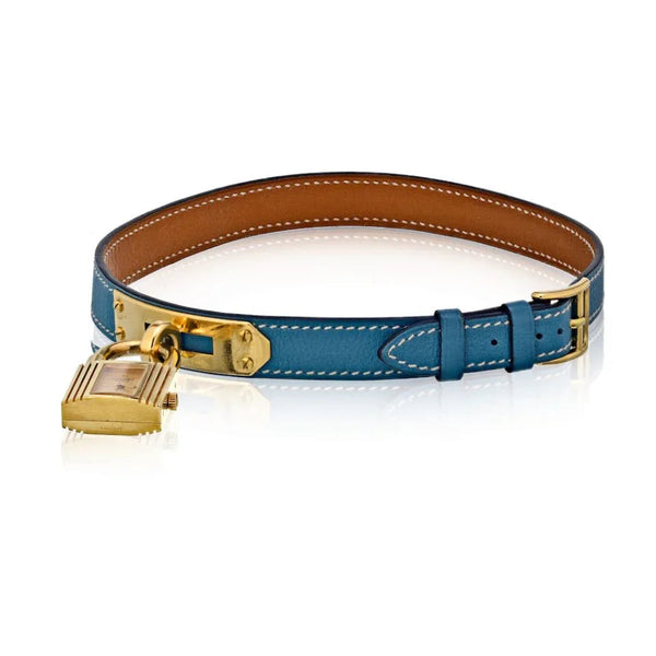 Pre-Owned Hermès Stainless Steel Kelly Pm Double Tour Gold Tone Blue Women Watch