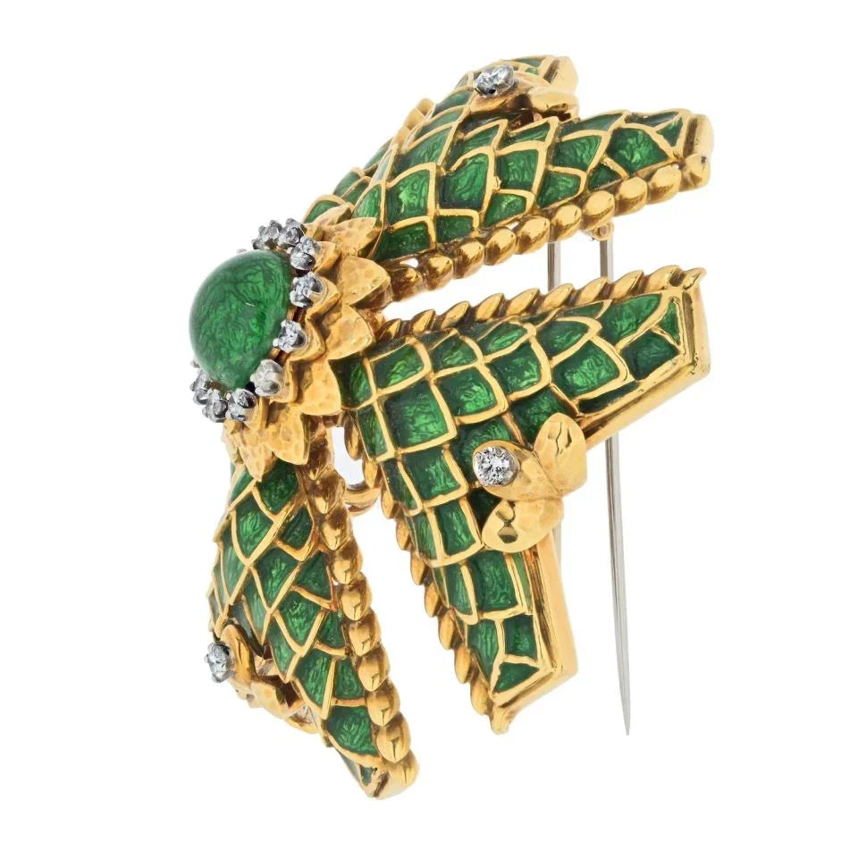David Webb Maltese Cr 18K Yellow Gold Large Diamond And Green Enamel Pendant — view 2 — Laura Milman New York