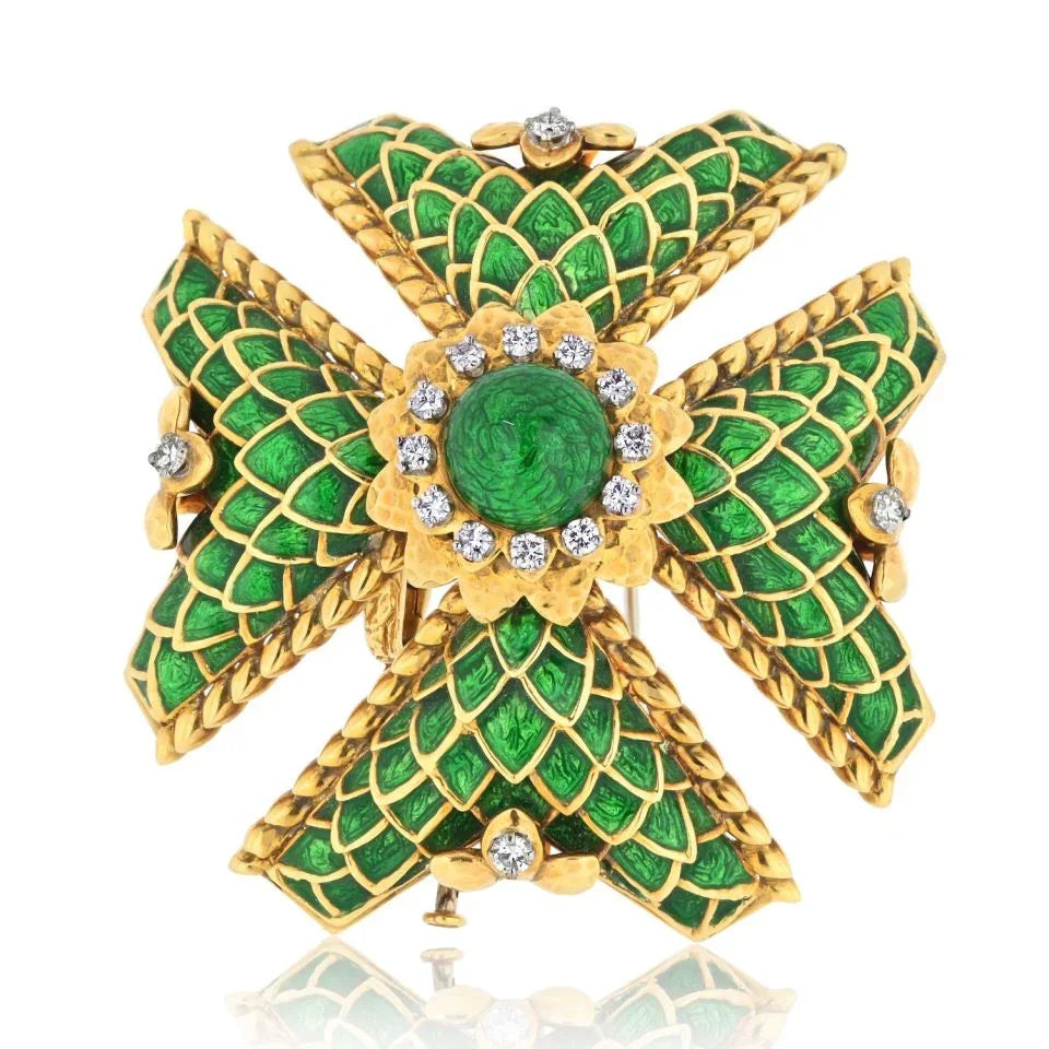 David Webb Maltese Cr 18K Yellow Gold Large Diamond And Green Enamel Pendant — Laura Milman New York