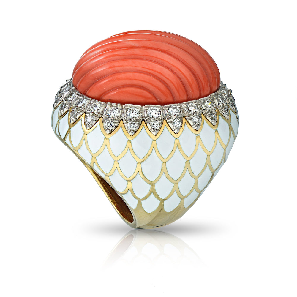 David Webb Platinum & 18K Yellow Gold Large Fluted Coral, White Enamel, Diamond Ring — view 5 — Laura Milman New York