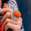 David Webb Platinum & 18K Yellow Gold Large Fluted Coral, White Enamel, Diamond Ring view 6