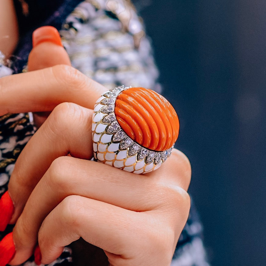 David Webb Platinum & 18K Yellow Gold Large Fluted Coral, White Enamel, Diamond Ring — view 6 — Laura Milman New York