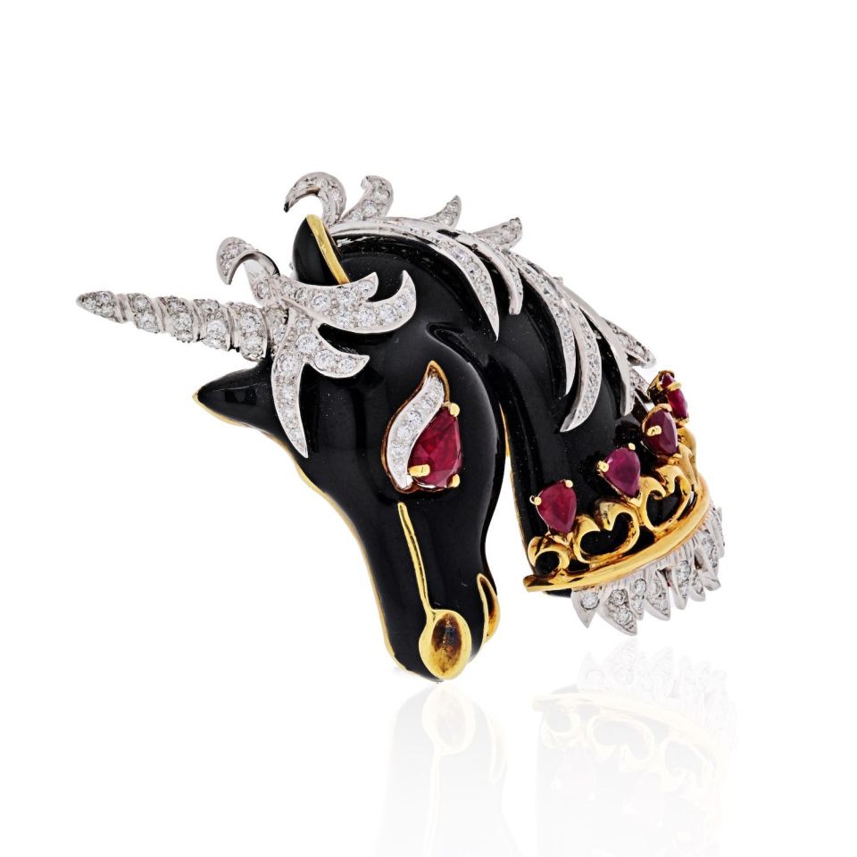 David Webb Unicorn Platinum & 18K Yellow Gold Unicorn Black Enamel, Ruby, Diamonds Brooch — view 2 — Laura Milman New York