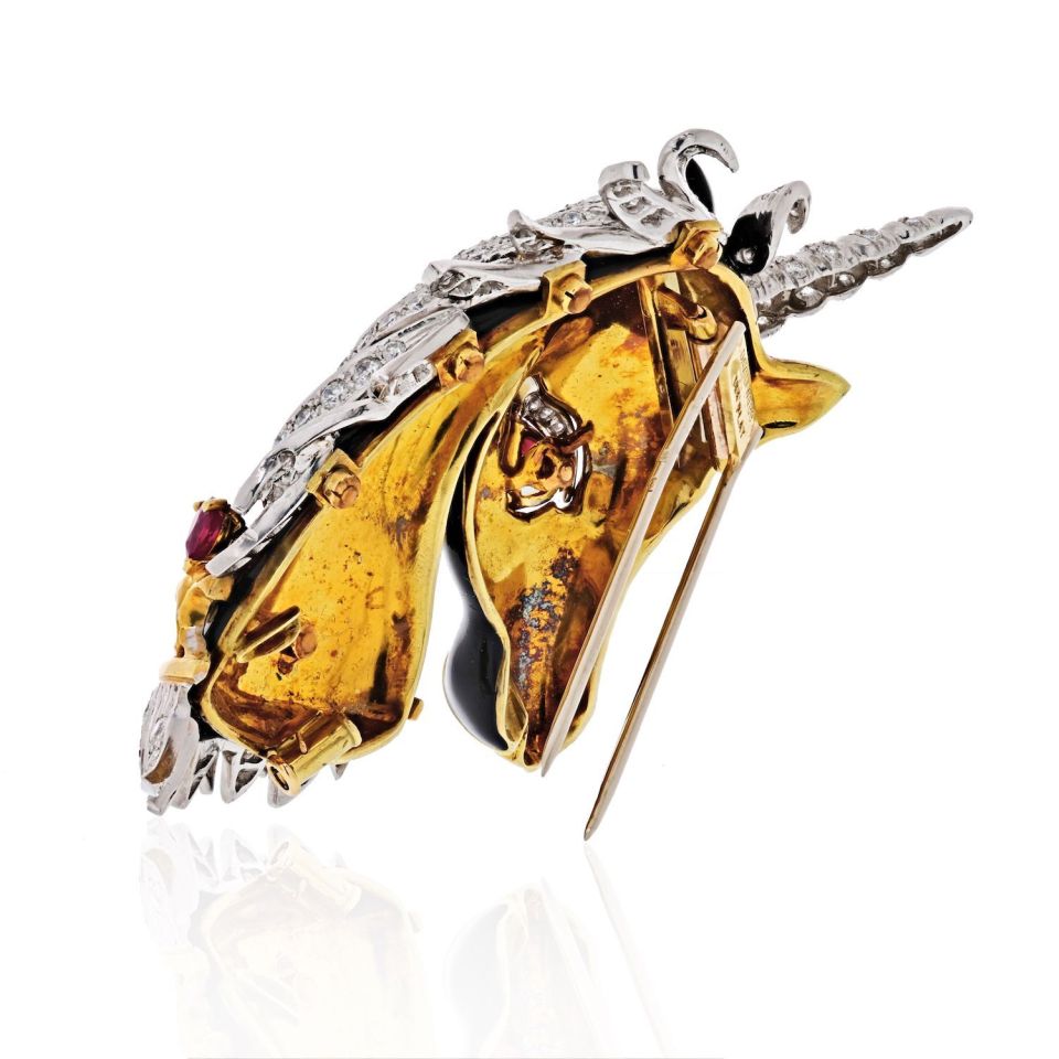 David Webb Unicorn Platinum & 18K Yellow Gold Unicorn Black Enamel, Ruby, Diamonds Brooch — view 3 — Laura Milman New York