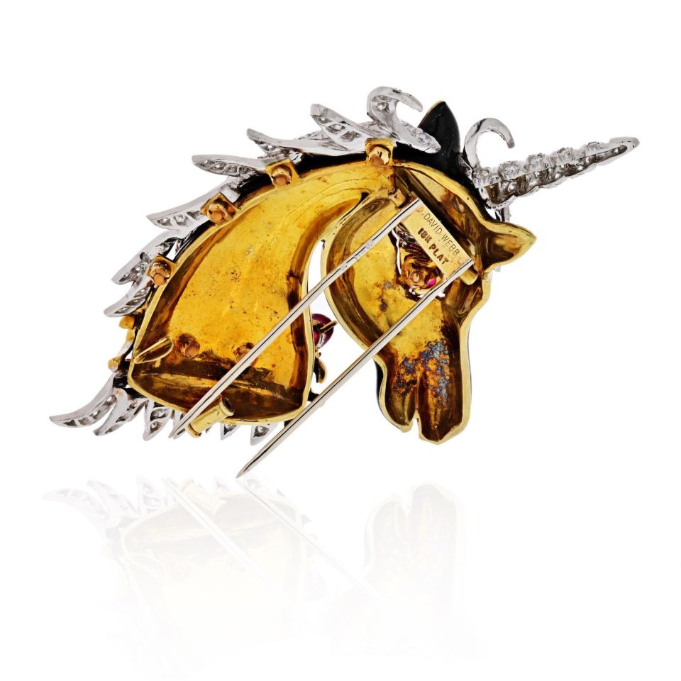 David Webb Unicorn Platinum & 18K Yellow Gold Unicorn Black Enamel, Ruby, Diamonds Brooch — view 4 — Laura Milman New York