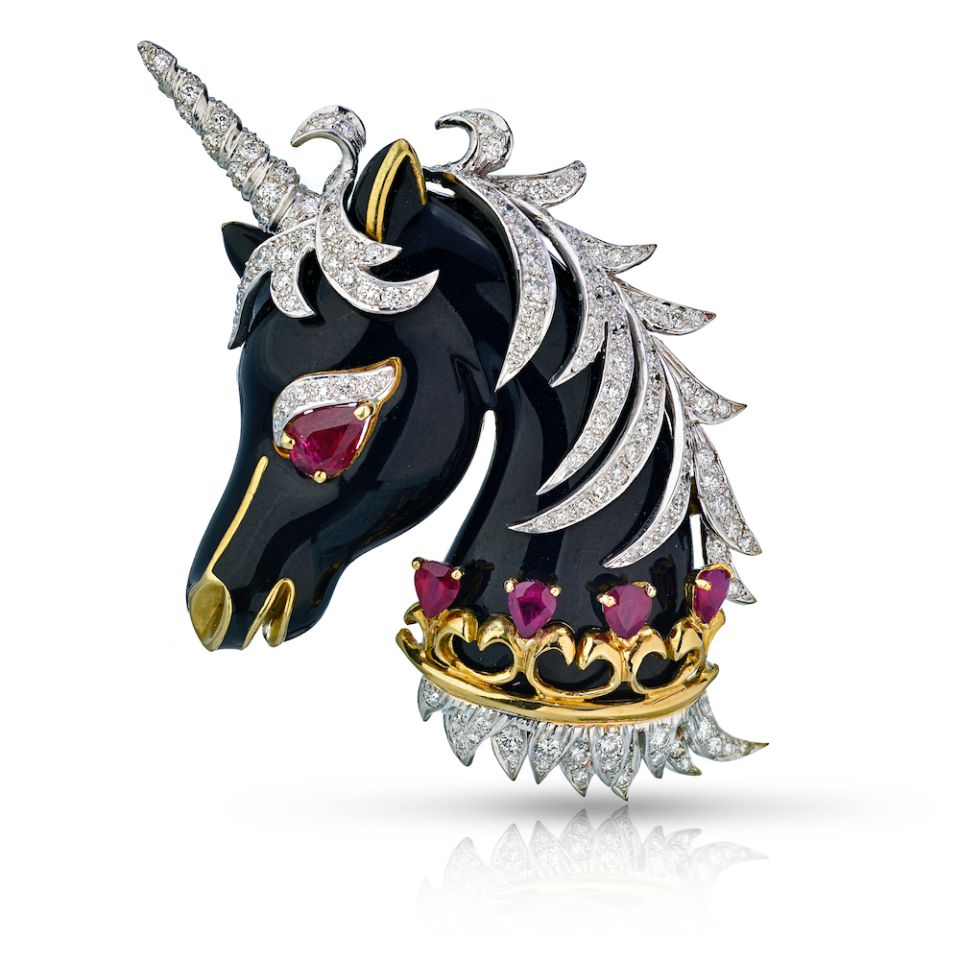 David Webb Unicorn Platinum & 18K Yellow Gold Unicorn Black Enamel, Ruby, Diamonds Brooch — Laura Milman New York