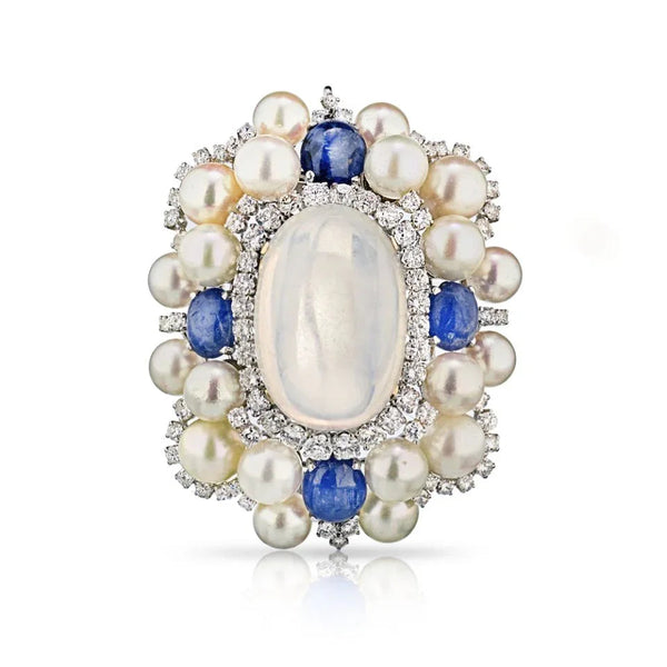 David Webb Circa 1960's Platinum Moonstone,sapphire And Diamonds Brooch