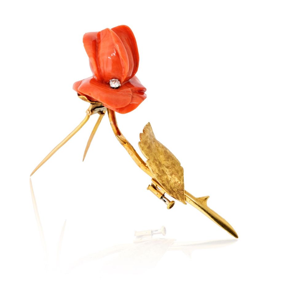 Van Cleef & Arpels French 18K Yellow Gold 1965 Coral Rose Brooch — view 2 — Laura Milman New York