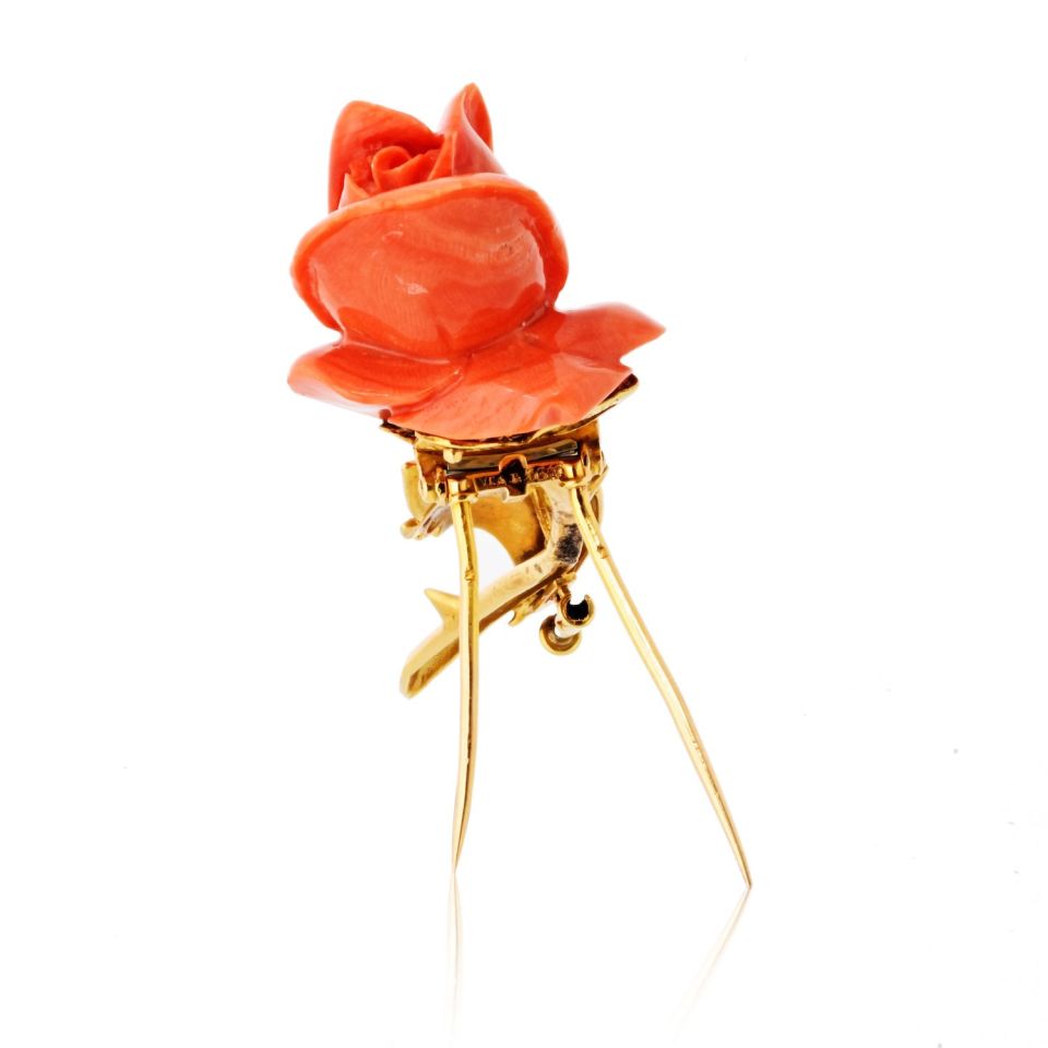 Van Cleef Arpels French 18K Yellow Gold 1965 Coral Rose Brooch