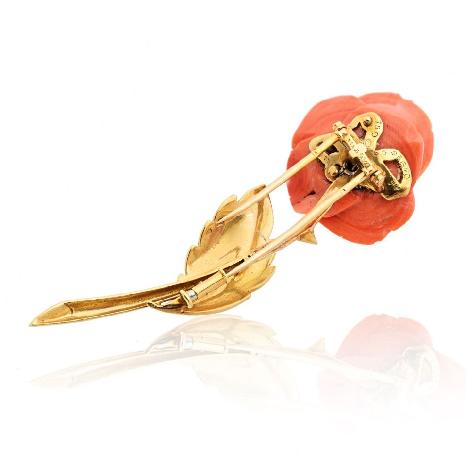 Van Cleef Arpels French 18K Yellow Gold 1965 Coral Rose Brooch