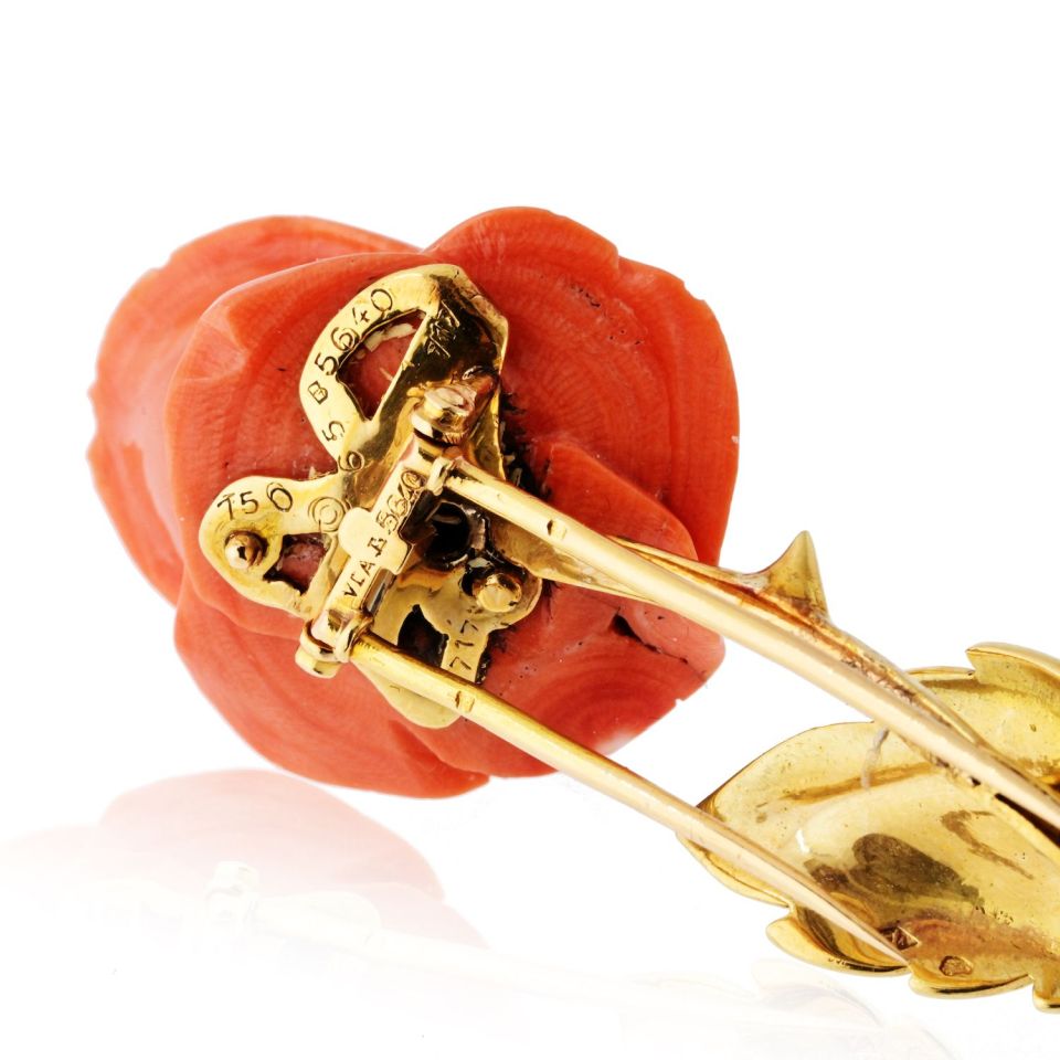 Van Cleef & Arpels French 18K Yellow Gold 1965 Coral Rose Brooch — view 6 — Laura Milman New York