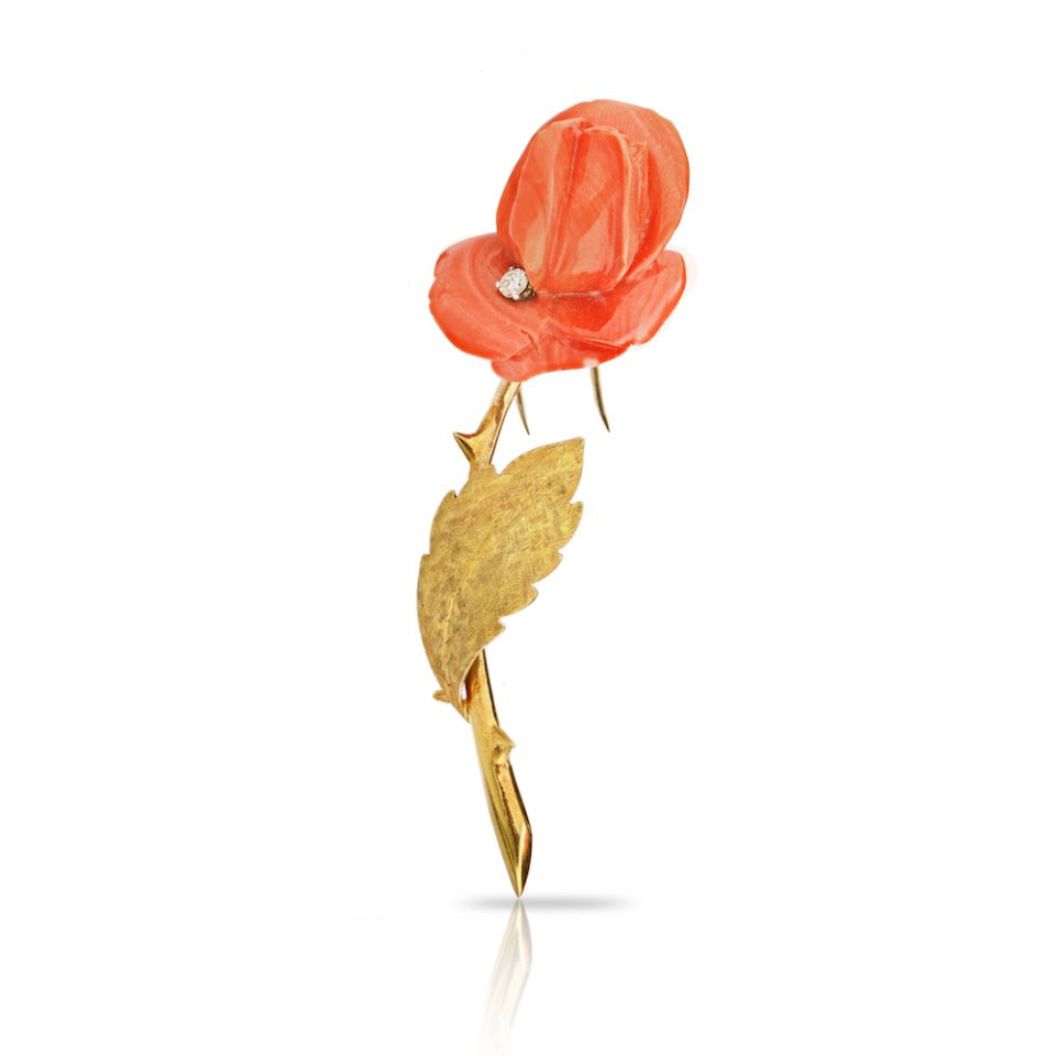 Van Cleef Arpels French 18K Yellow Gold 1965 Coral Rose Brooch