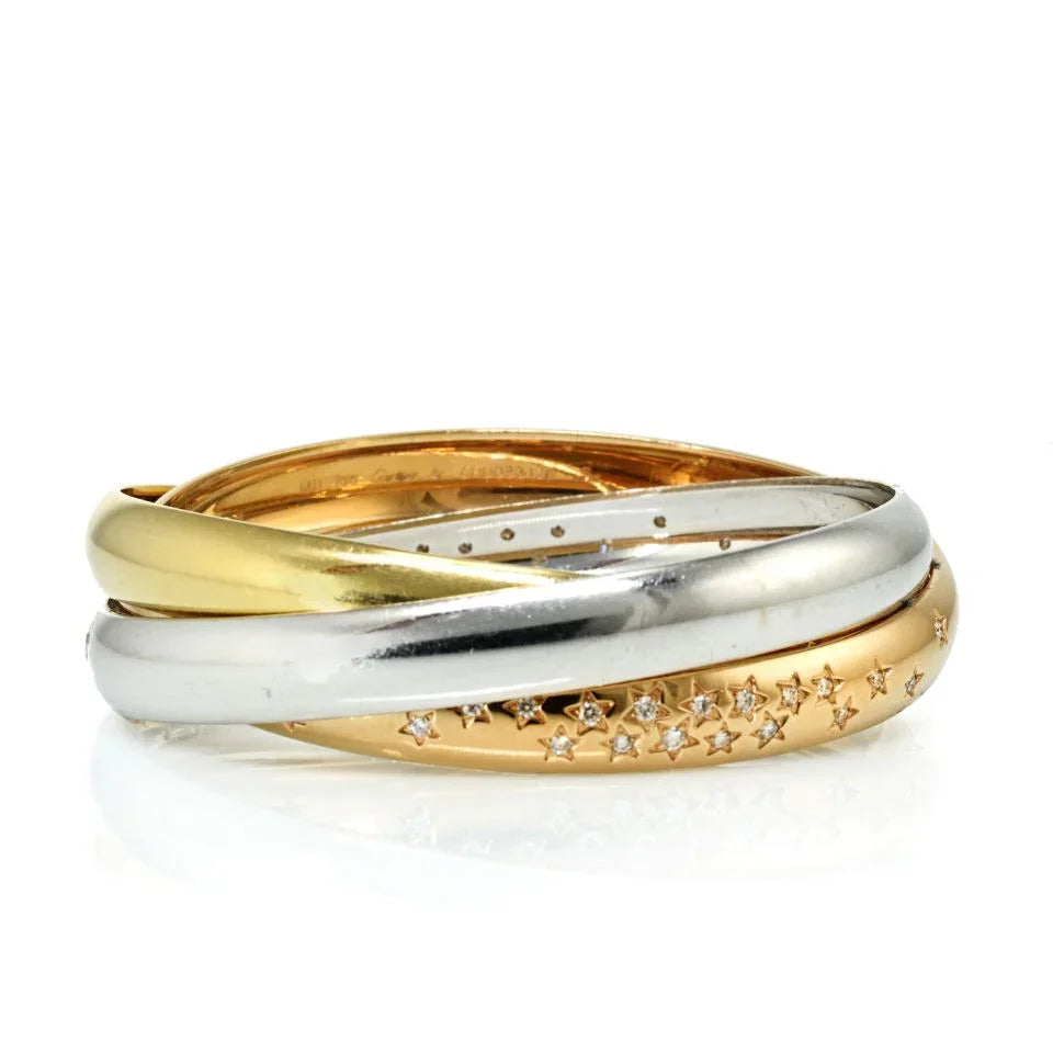 Cartier Trinity 18K Two Tone Celestial Tri Color Diamond Bangle Bracelet — view 3 — Laura Milman New York