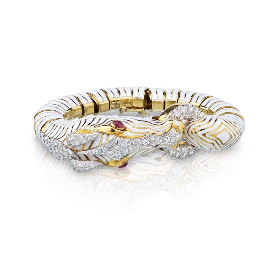 David Webb Platinum & 18K Yellow Gold Zebra Enamel Diamond Bracelet — Laura Milman New York