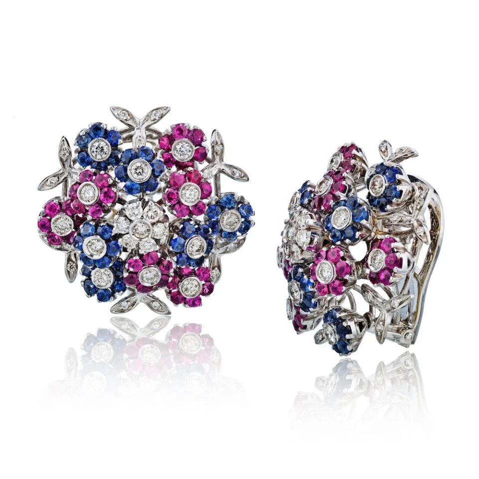 Cartier Tremblant 18K White Gold Diamond, Sapphire And Ruby Clip-On Earrings — Laura Milman New York