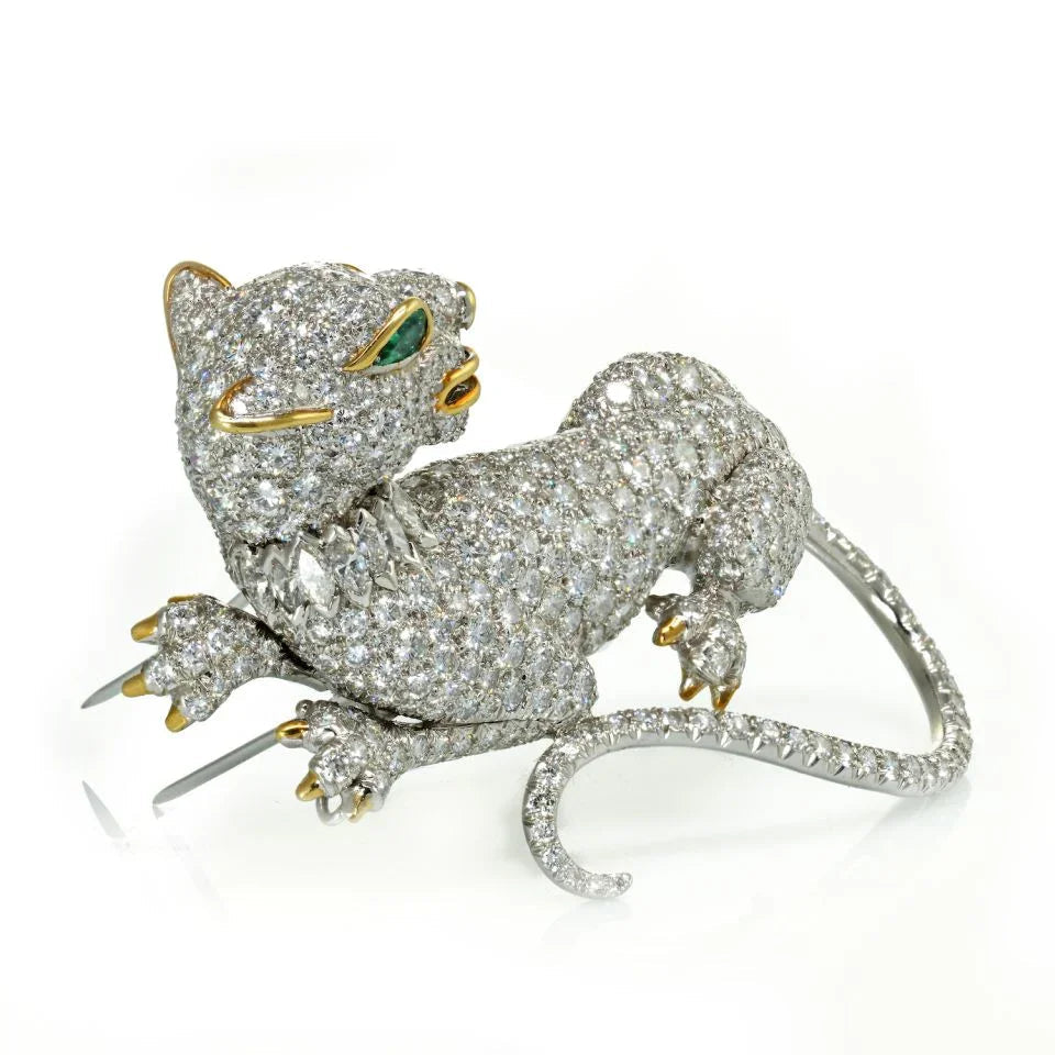 David Webb Panthere Platinum & 18K White Gold 19.27 CTTW Diamond Brooch — view 2 — Laura Milman New York
