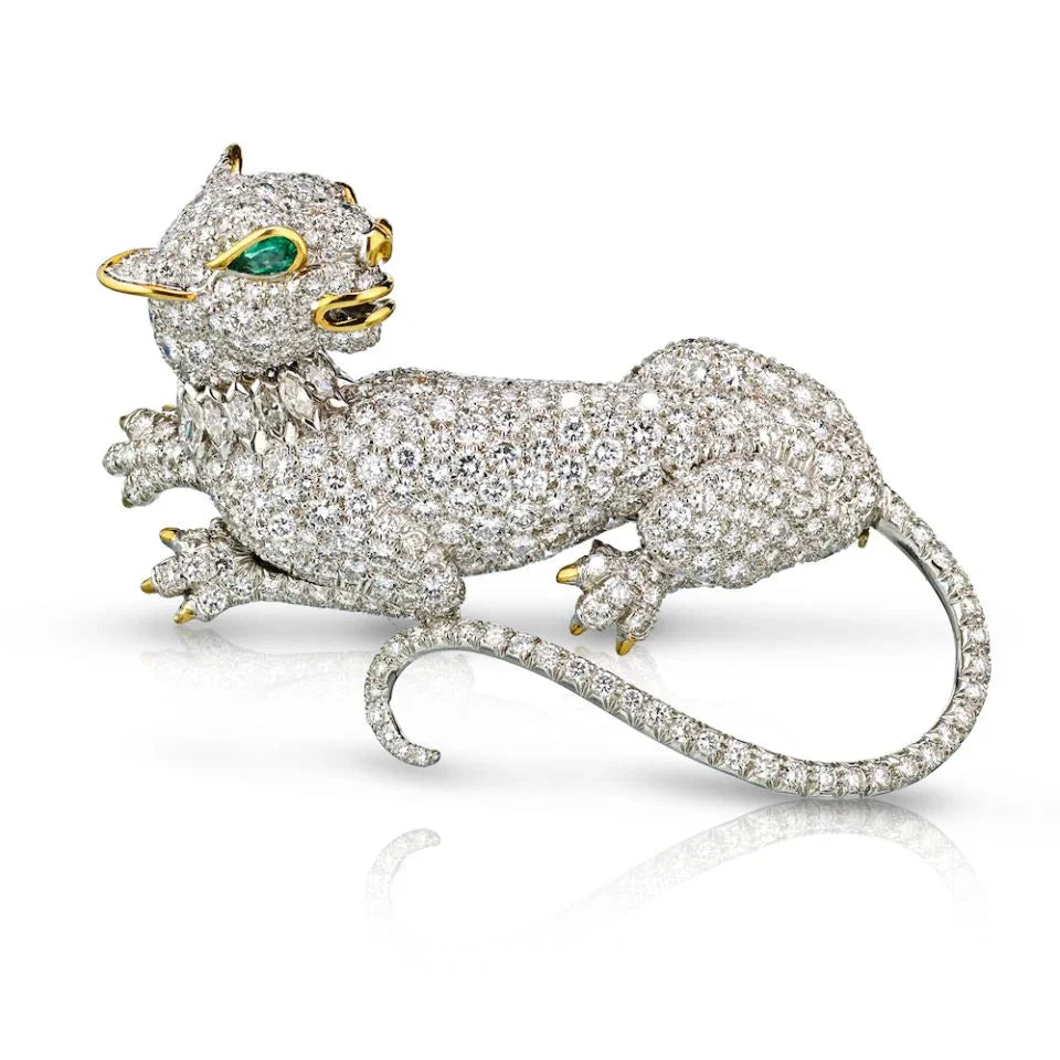 David Webb Panthere Platinum & 18K White Gold 19.27 CTTW Diamond Brooch — Laura Milman New York