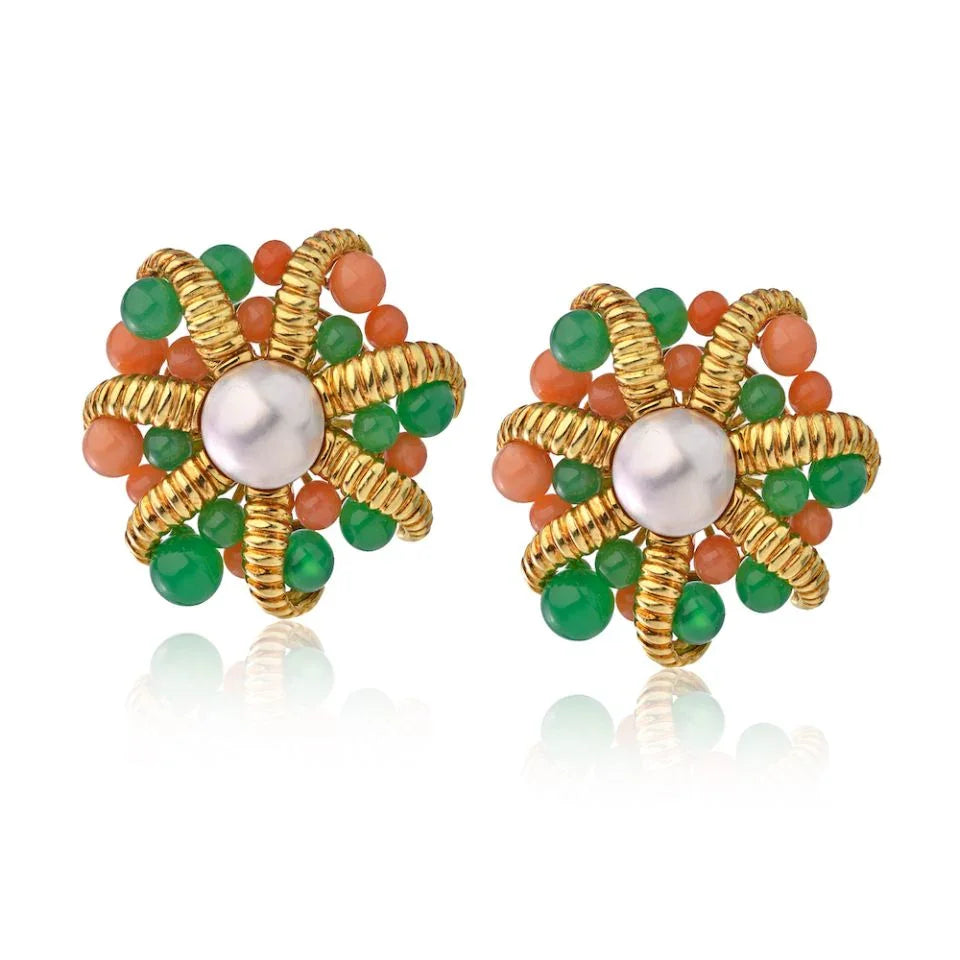 Tiffany & Co. 18K Yellow Gold Cultured Pearl Coral And Chrysoprase Clip-On Earrings — Laura Milman New York