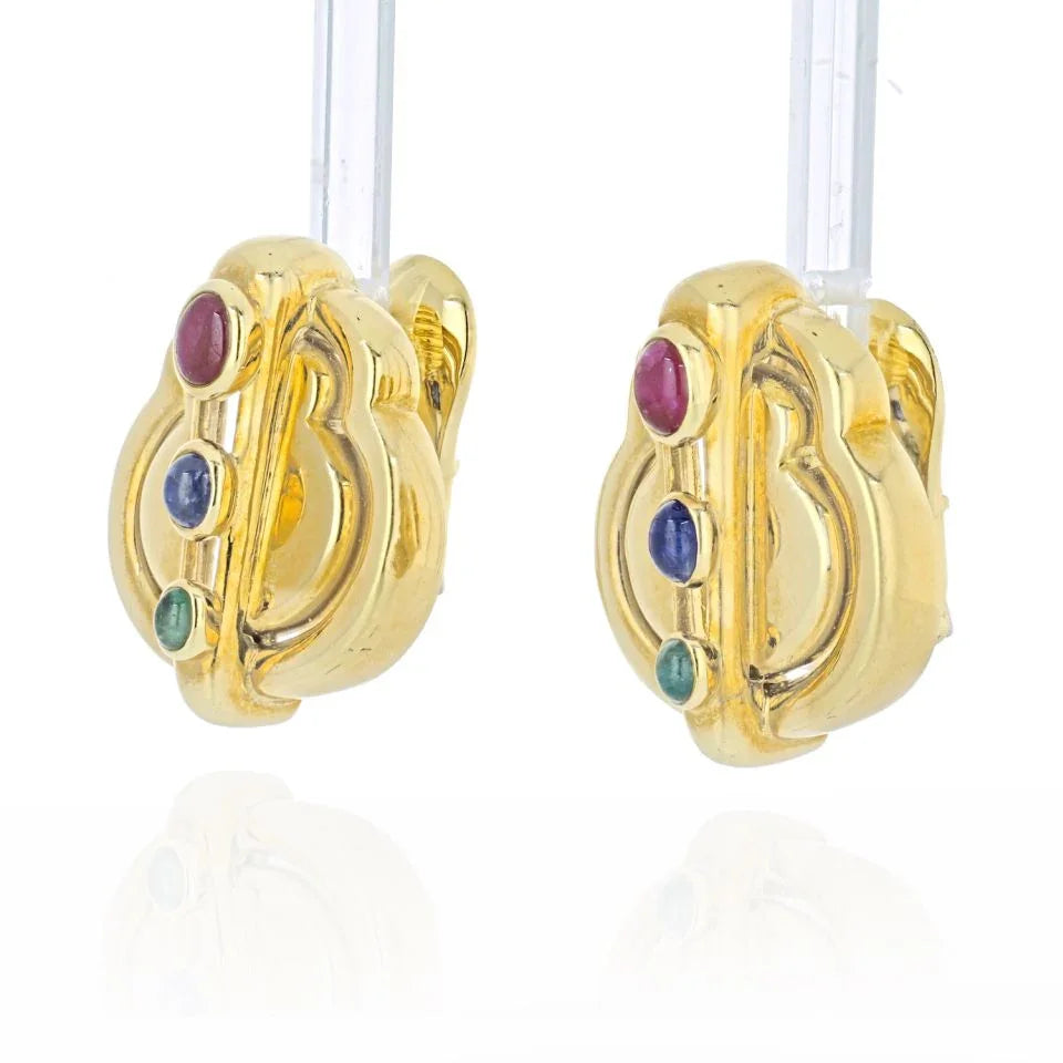 David Webb Circa 1970's Platinum & 18K Yellow Gold Ruby, Emerald, Sapphire Earrings — view 2 — Laura Milman New York