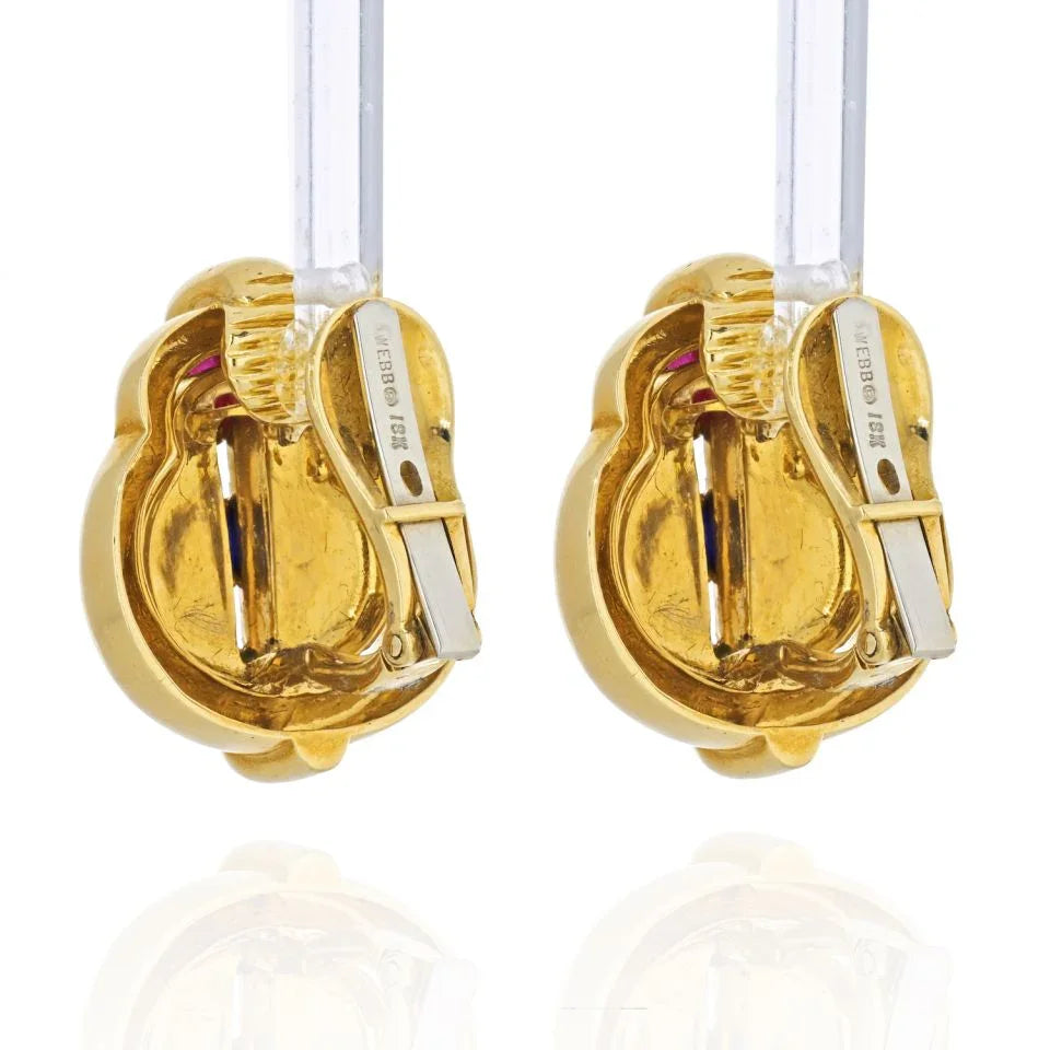 David Webb Circa 1970's Platinum & 18K Yellow Gold Ruby, Emerald, Sapphire Earrings — view 3 — Laura Milman New York