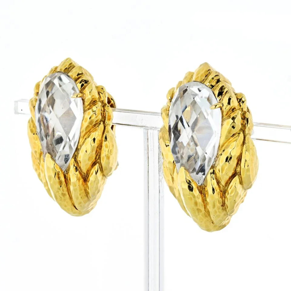 David Webb Platinum & 18K Yellow Gold Hammered Quartz Clip-On Earrings — view 2 — Laura Milman New York