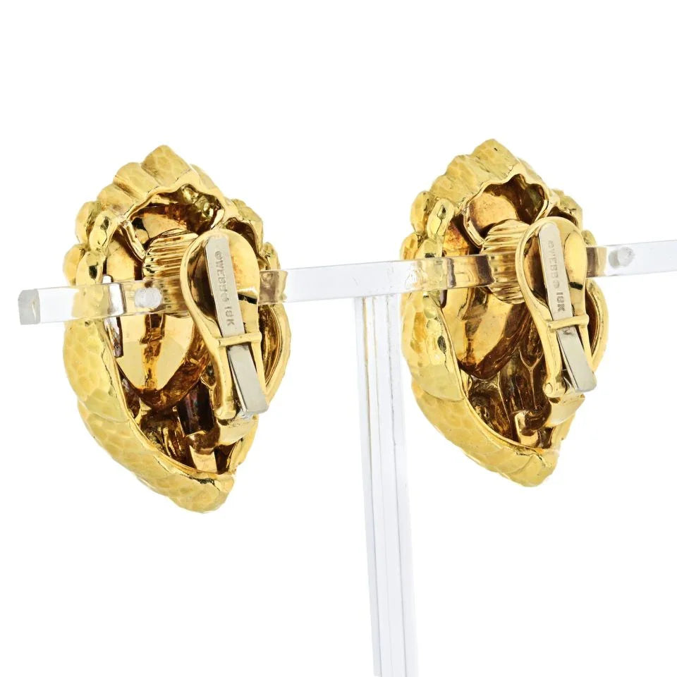 David Webb Platinum & 18K Yellow Gold Hammered Quartz Clip-On Earrings — view 3 — Laura Milman New York