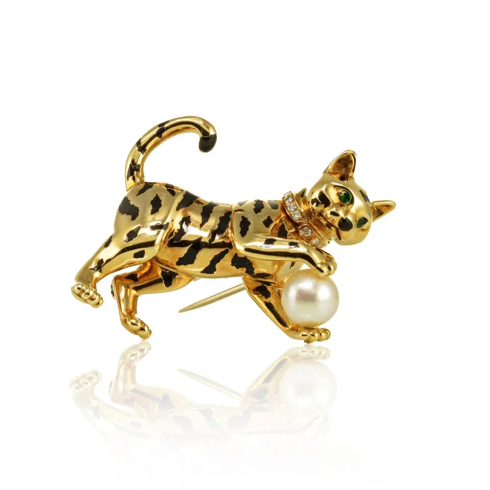 Cartier Panthere 18K Yellow Gold French Diamond & Pearl Cat Brooch — Laura Milman New York