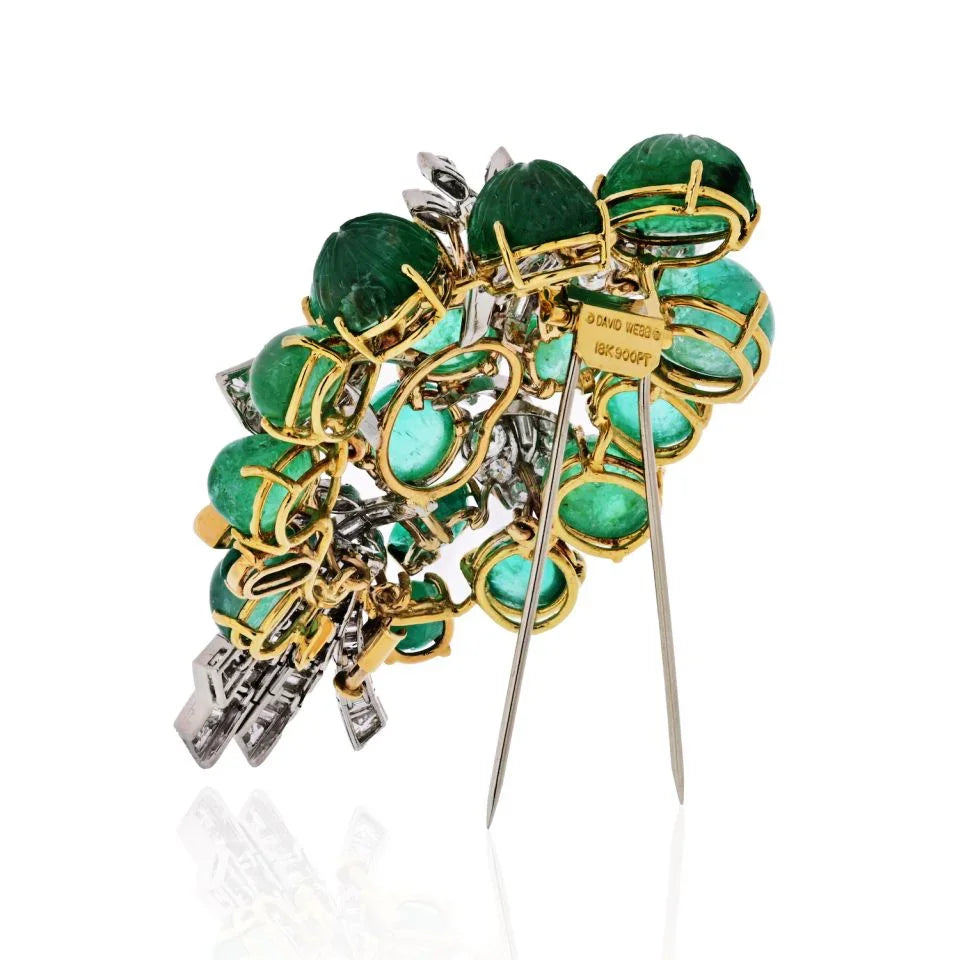 David Webb Platinum & 18K Yellow Gold Green Emeralds & Diamonds, Brooch — view 3 — Laura Milman New York