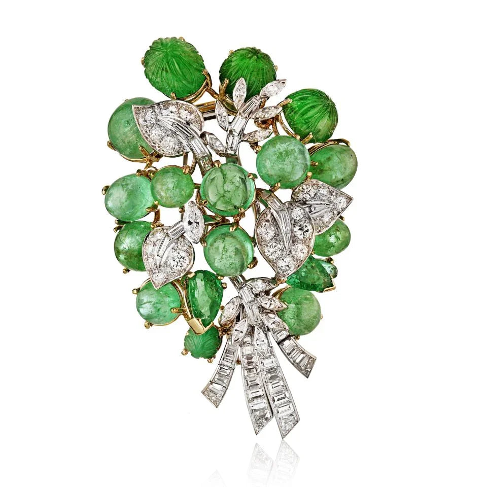 David Webb Platinum & 18K Yellow Gold Green Emeralds & Diamonds, Brooch — Laura Milman New York