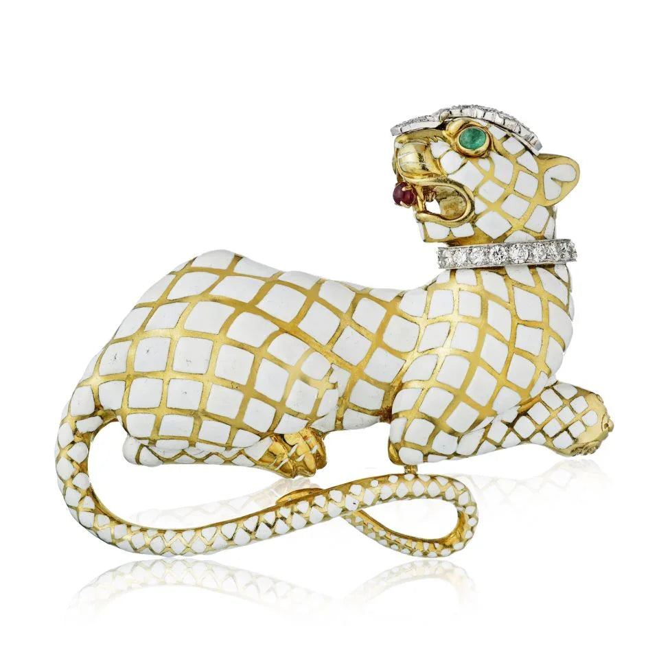 David Webb Kingdom Platinum & 18K Yellow Gold White Enamel Panther With Diamond Collar Brooch — Laura Milman New York