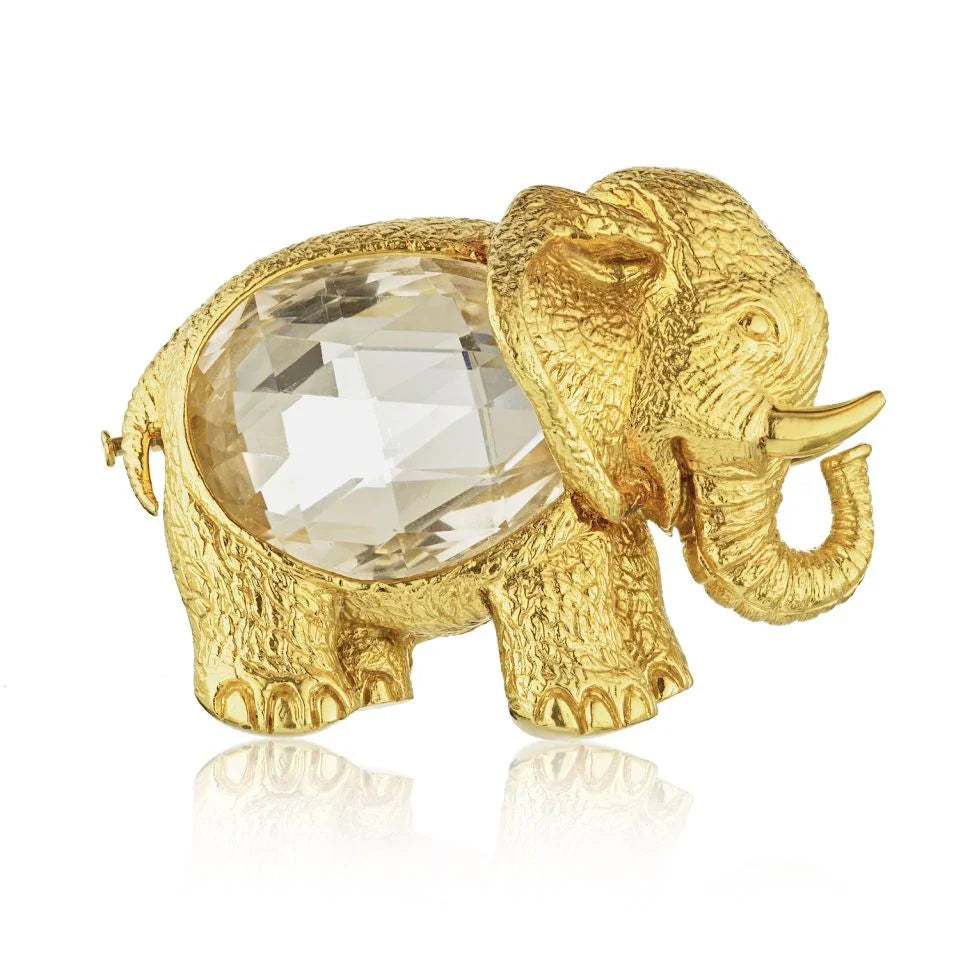 David Webb Elephant Platinum & 18K Yellow Gold Rock Crystal Elephant Brooch — Laura Milman New York