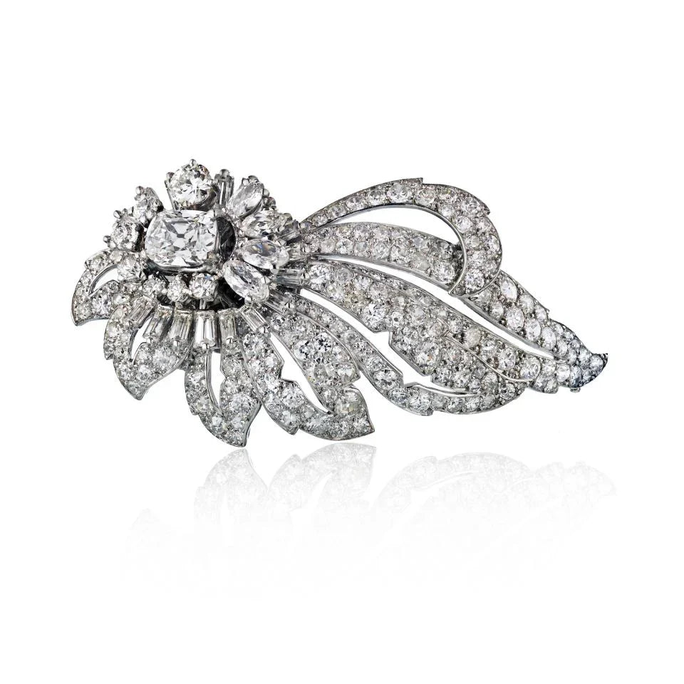 Cartier 1950's Platinum Foliate Design With Center Cushion Cut Diamond 1.35 E/vs2 GIA Brooch — Laura Milman New York
