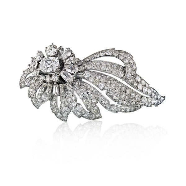 Cartier 1950's Platinum Foliate Design With Center Cushion Cut Diamond 1.35 E/vs2 GIA Brooch