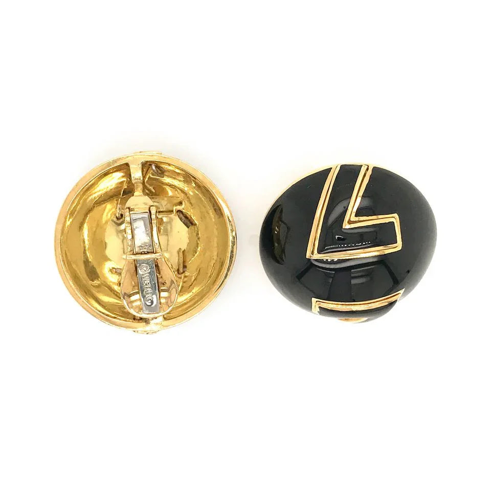 David Webb Platinum & 18K Yellow Gold Black Enamel Clip-On Earrings — view 3 — Laura Milman New York