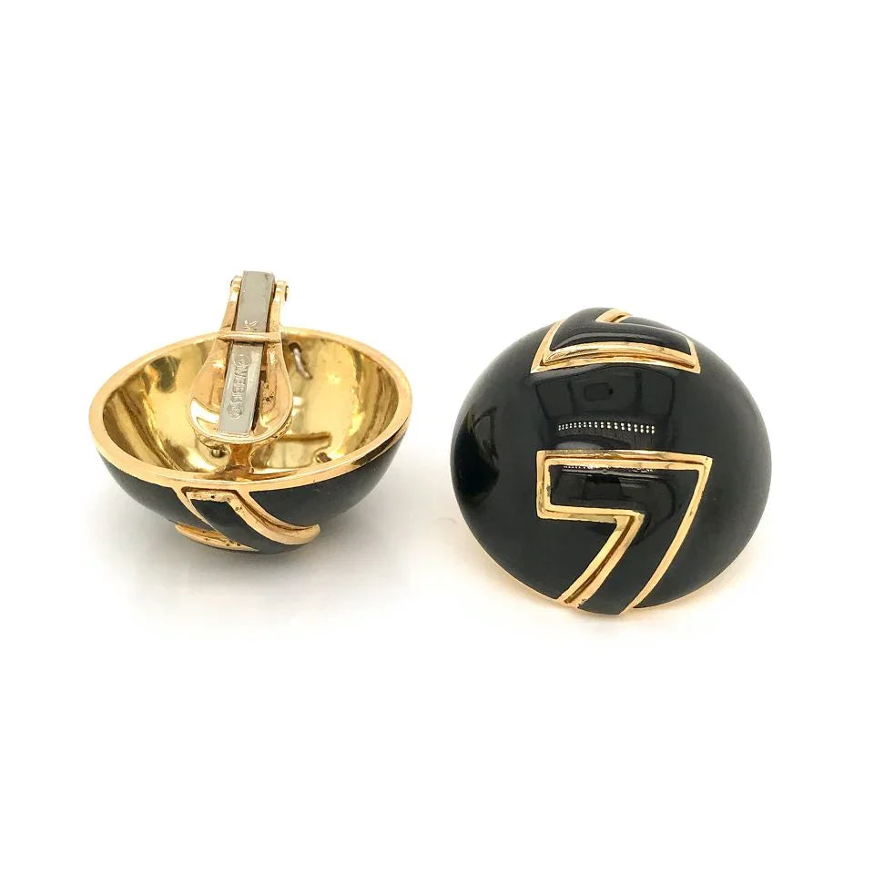 David Webb Platinum & 18K Yellow Gold Black Enamel Clip-On Earrings — view 4 — Laura Milman New York