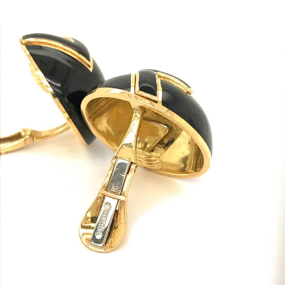 David Webb Platinum & 18K Yellow Gold Black Enamel Clip-On Earrings — view 5 — Laura Milman New York