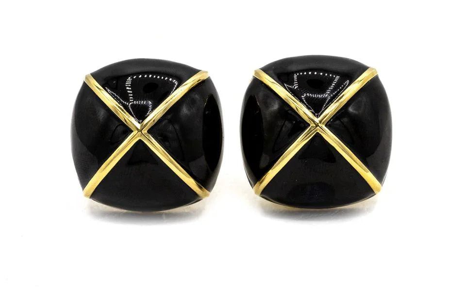 David Webb Platinum & 18K Yellow Gold Black Enamel Large Square Cushion Shape Clip-On Earrings — view 2 — Laura Milman New York