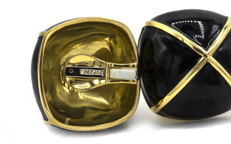 David Webb Platinum & 18K Yellow Gold Black Enamel Large Square Cushion Shape Clip-On Earrings — view 4 — Laura Milman New York