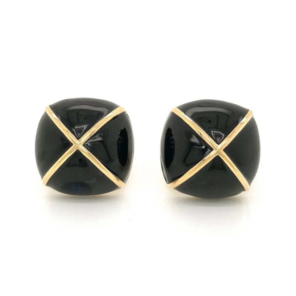 David Webb Platinum & 18K Yellow Gold Black Enamel Large Square Cushion Shape Clip-On Earrings — Laura Milman New York