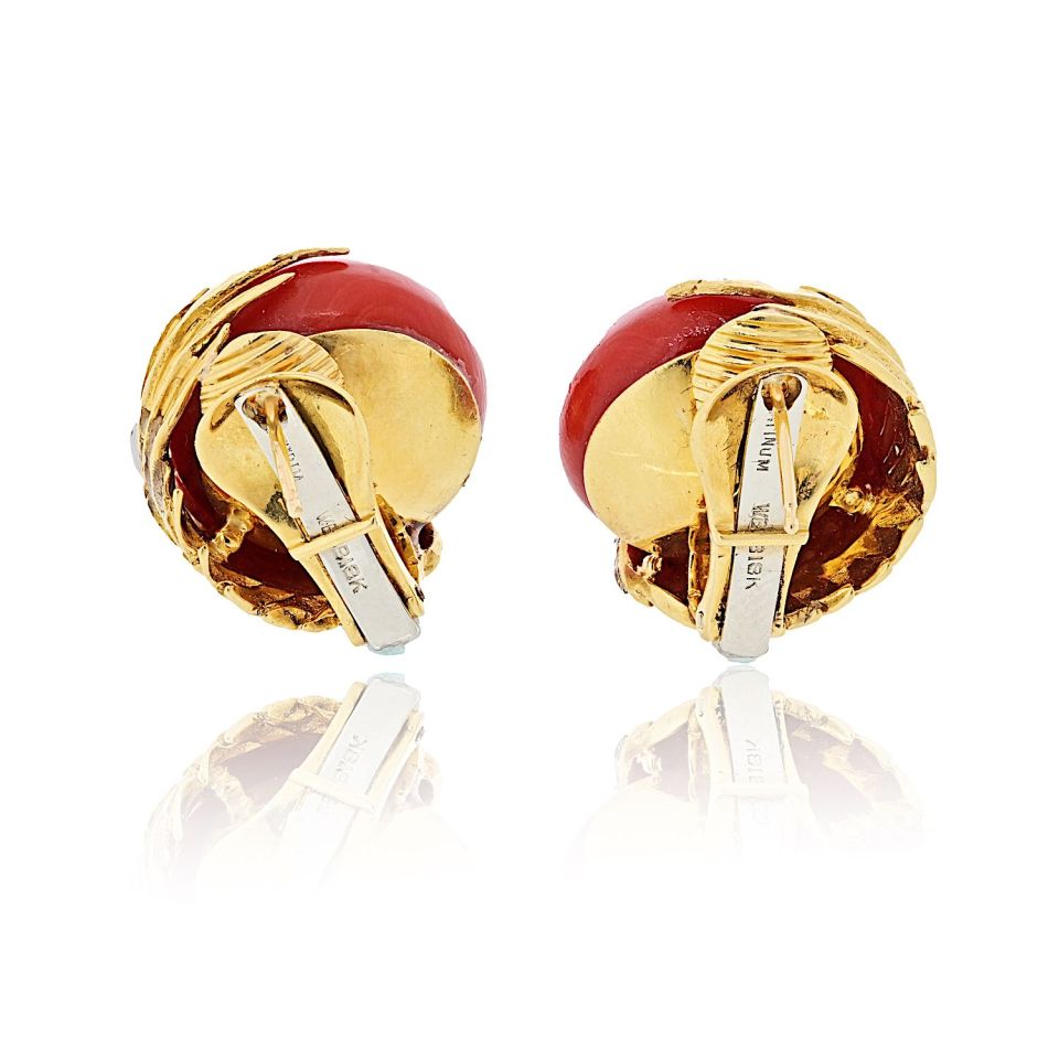 David Webb Platinum & 18K Yellow Gold Domed Coral Diamond Earrings — view 4 — Laura Milman New York