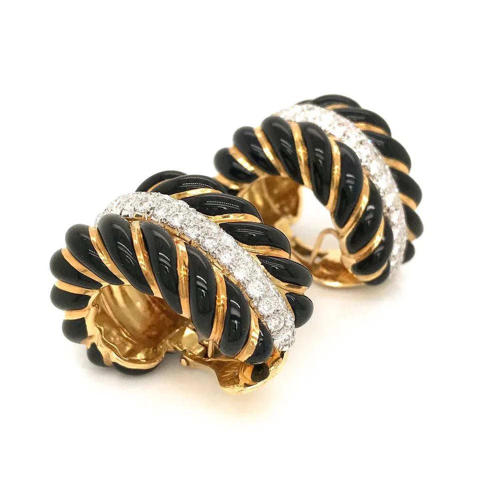 David Webb Platinum & 18K Yellow Gold Black Enamel Diamond Bombe Shrimp Earrings — view 4 — Laura Milman New York