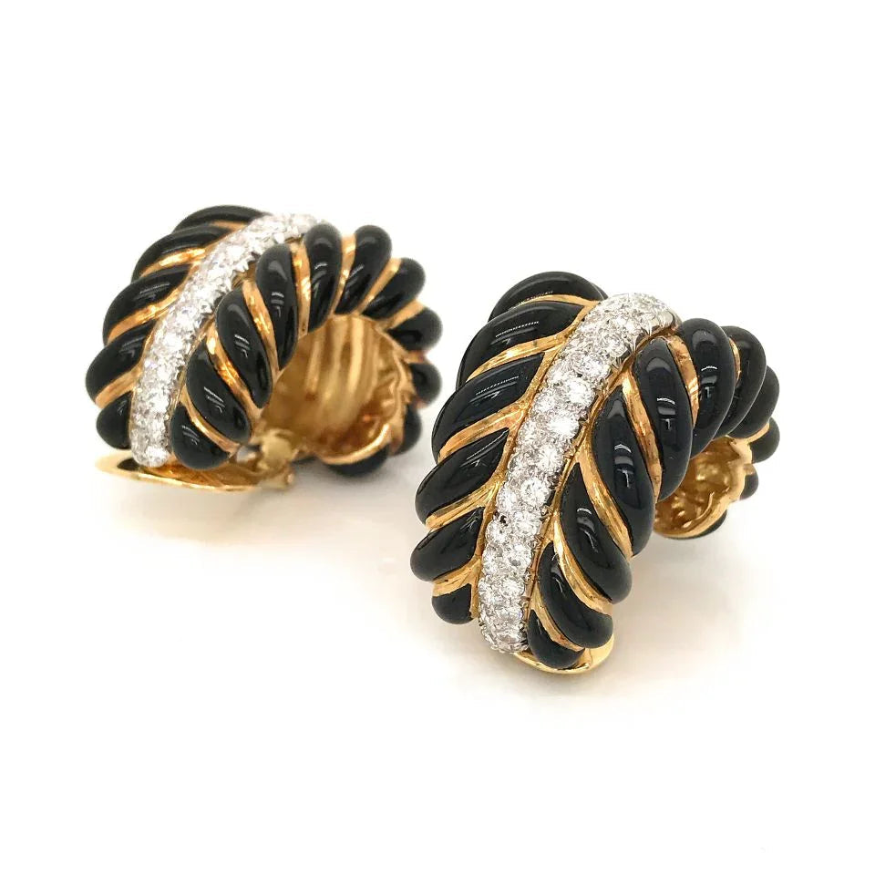 David Webb Platinum & 18K Yellow Gold Black Enamel Diamond Bombe Shrimp Earrings — view 5 — Laura Milman New York